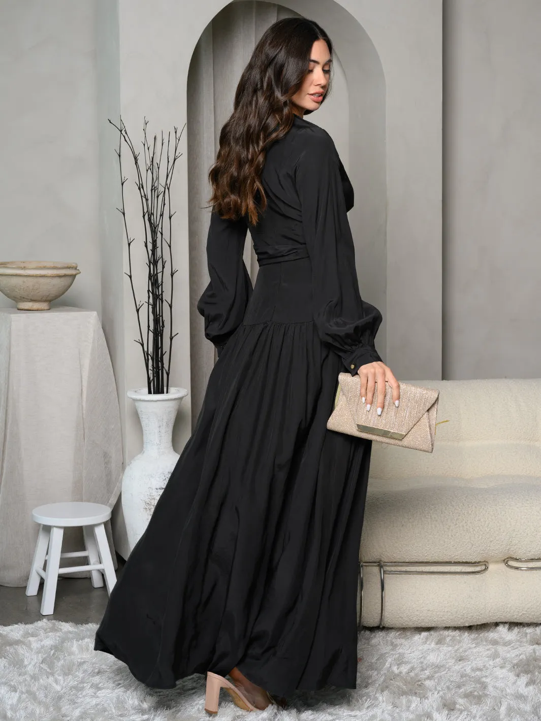 WOMEN'S LONG SLEEVE SURPLICE BELTED MAXI DRESS
