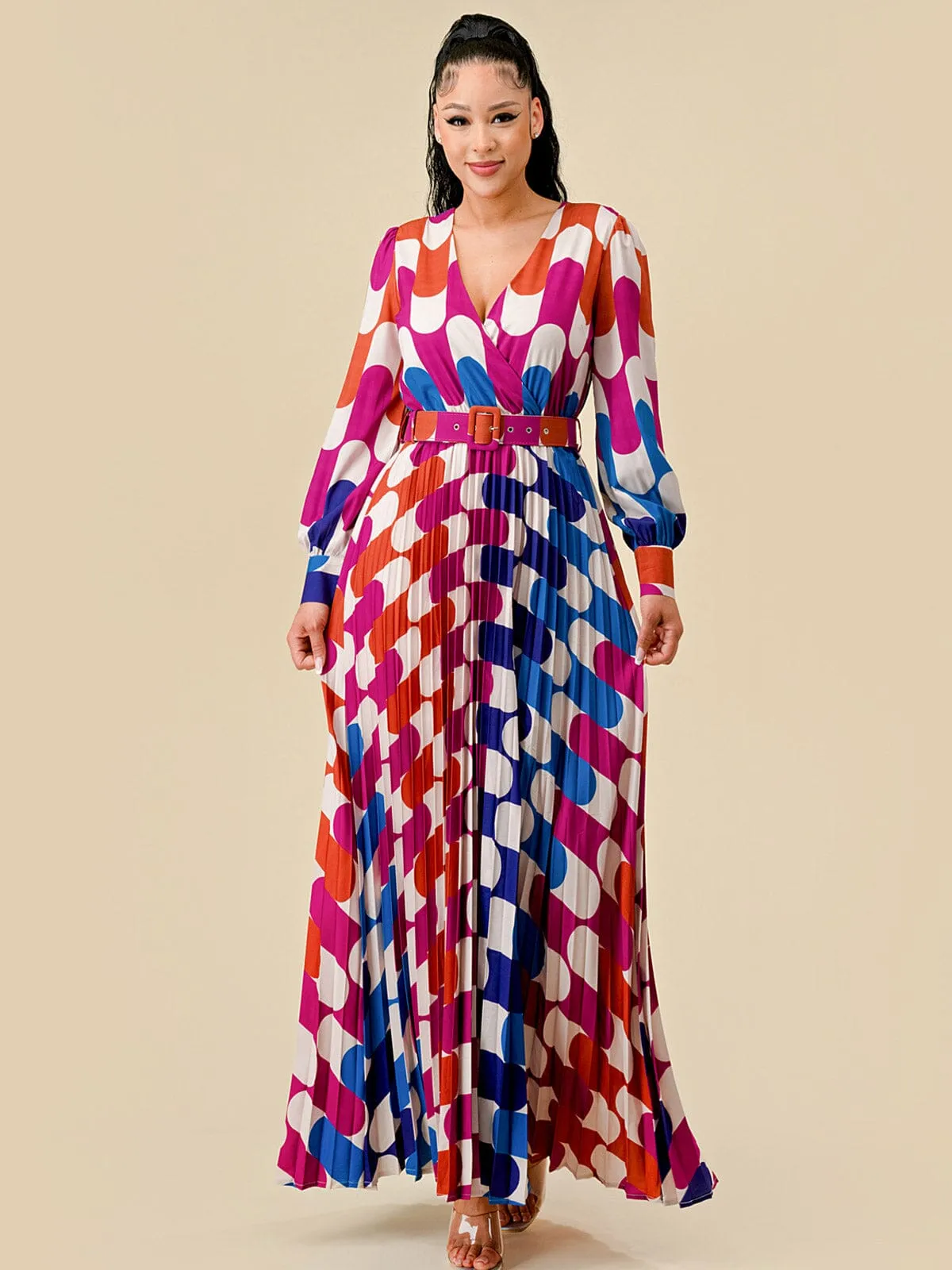 WOMEN'S LONG SLEEVE SURPLICE PLEATED BELTED COLORBLOCK MAXI DRESS