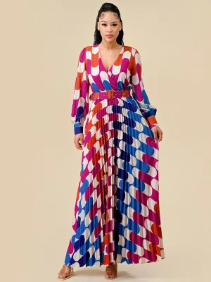 WOMEN'S LONG SLEEVE SURPLICE PLEATED BELTED COLORBLOCK MAXI DRESS
