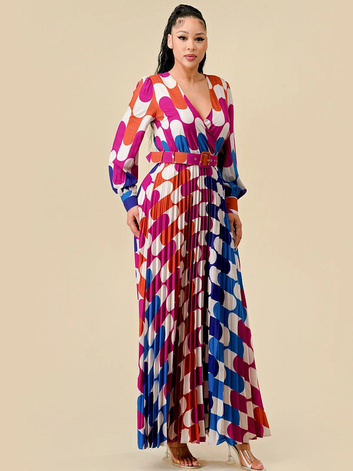 WOMEN'S LONG SLEEVE SURPLICE PLEATED BELTED COLORBLOCK MAXI DRESS