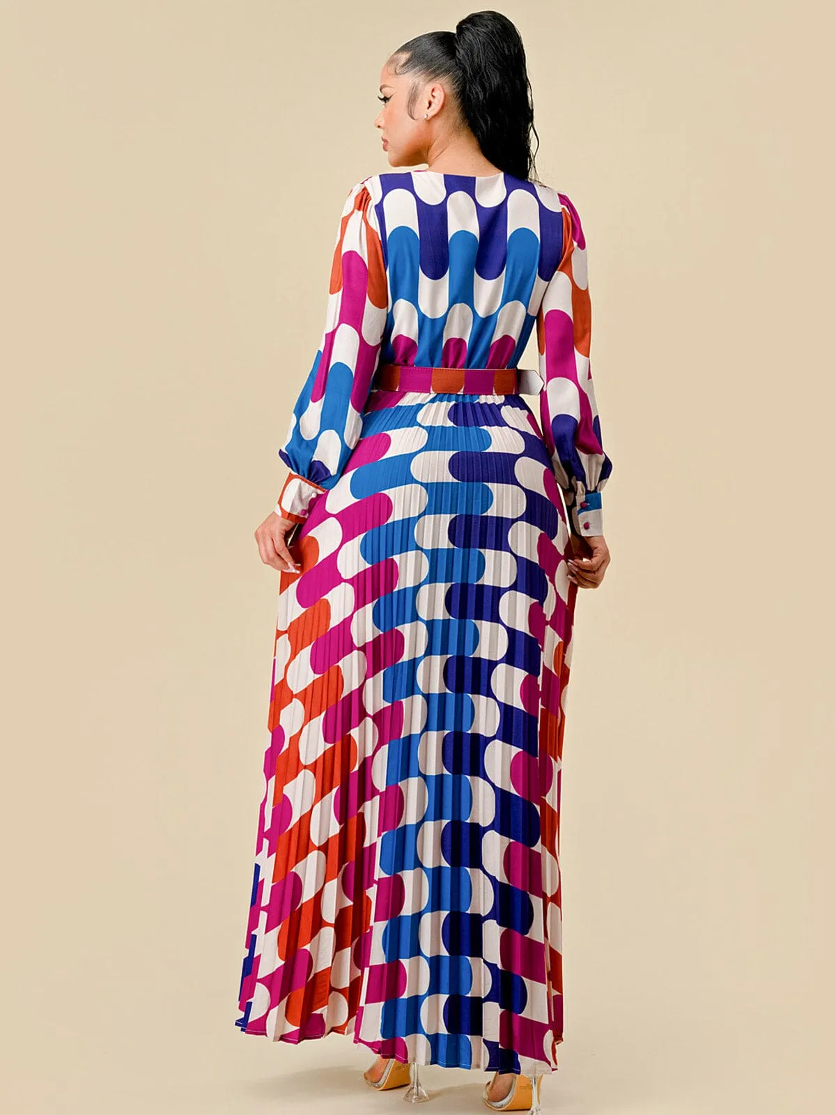 WOMEN'S LONG SLEEVE SURPLICE PLEATED BELTED COLORBLOCK MAXI DRESS