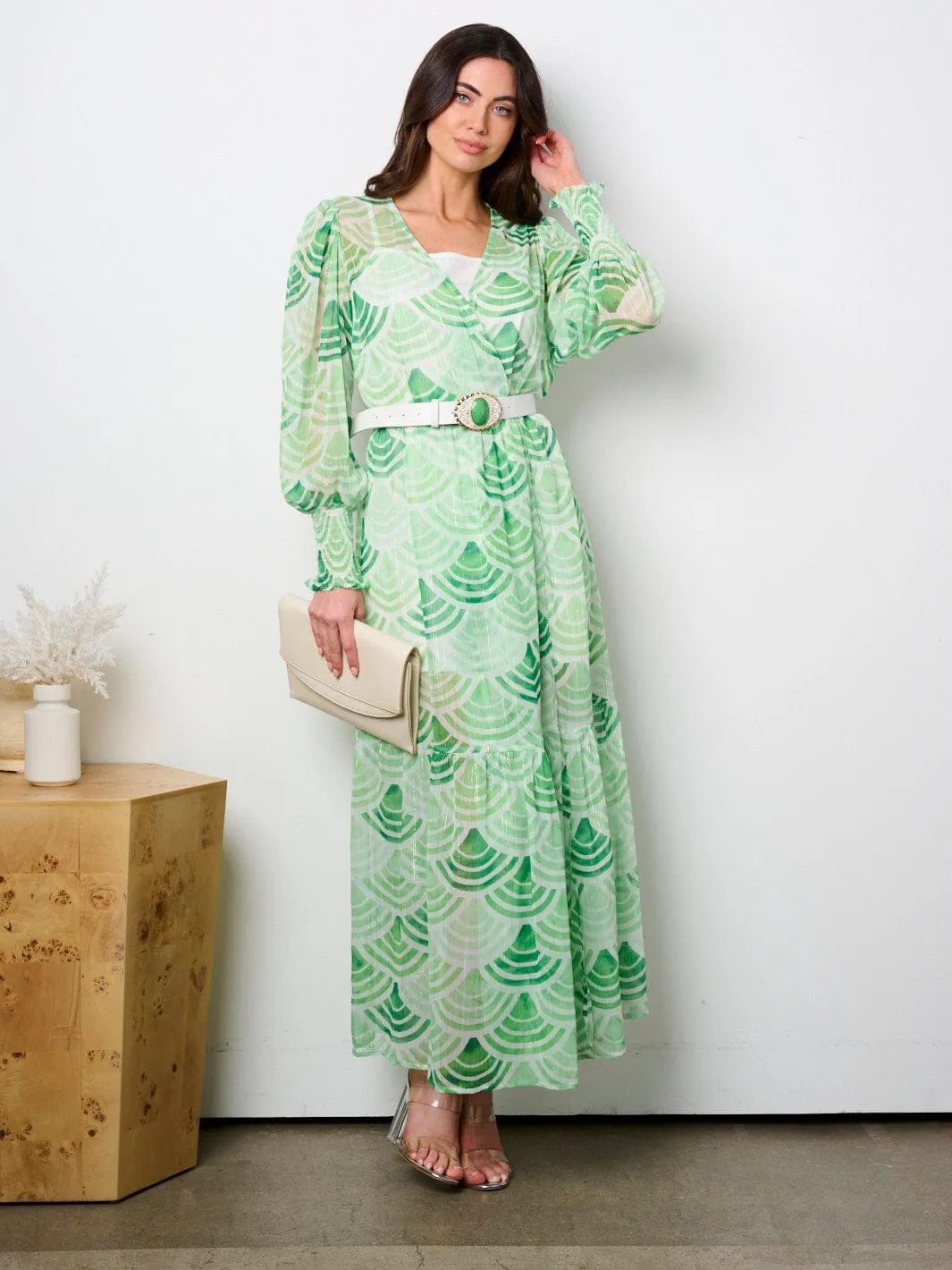 WOMEN'S LONG SLEEVE V-NECK BELTED MULTI PRINT MAXI DRESS