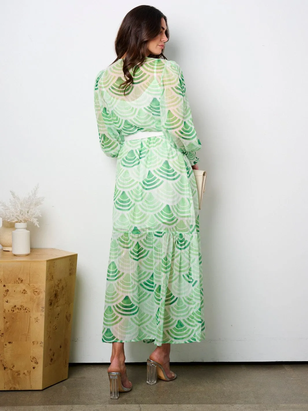 WOMEN'S LONG SLEEVE V-NECK BELTED MULTI PRINT MAXI DRESS