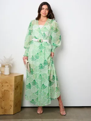 WOMEN'S LONG SLEEVE V-NECK BELTED MULTI PRINT MAXI DRESS