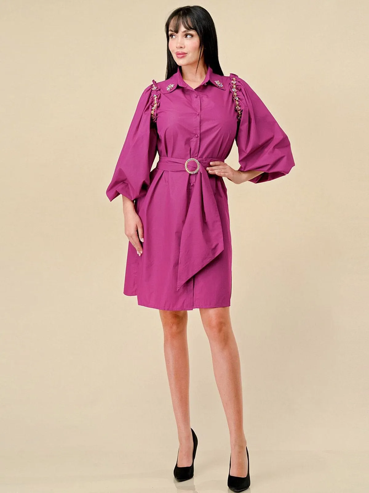 WOMEN'S LONG SLEEVES BUTTON UP STUDS DETAILED BELTED MINI DRESS