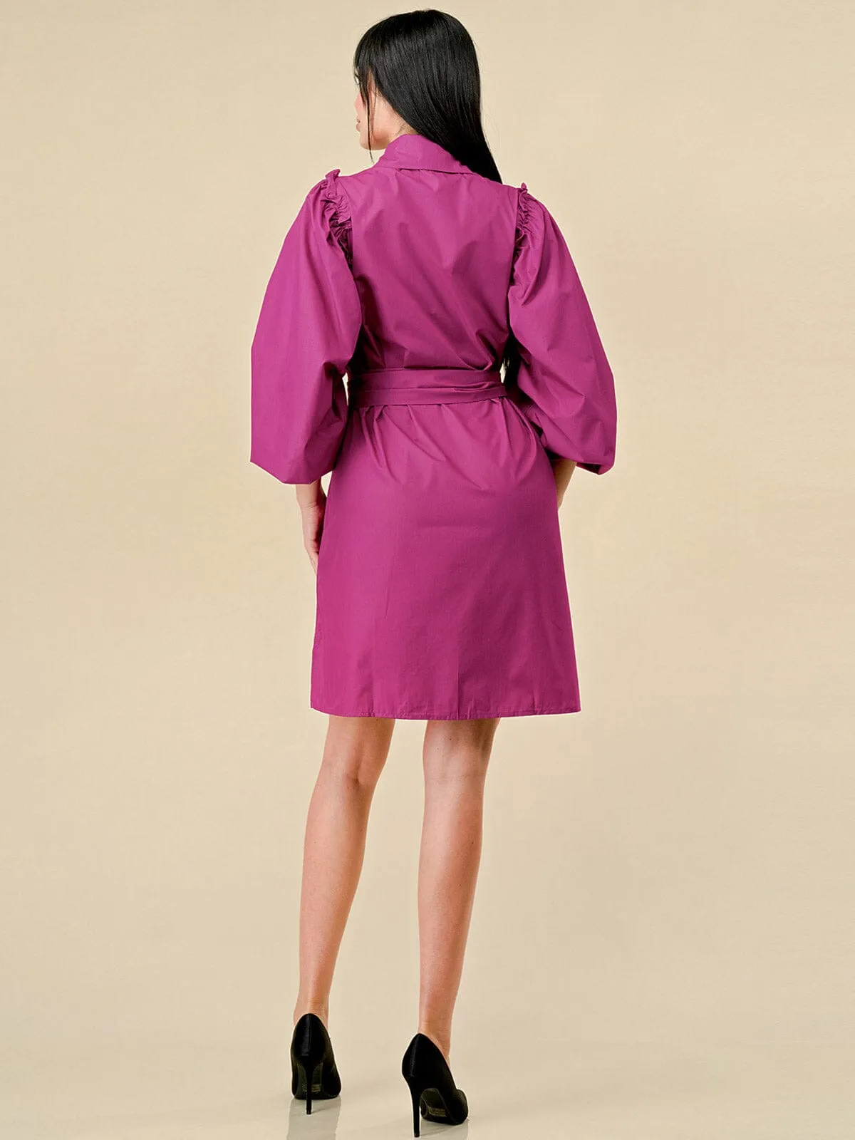 WOMEN'S LONG SLEEVES BUTTON UP STUDS DETAILED BELTED MINI DRESS