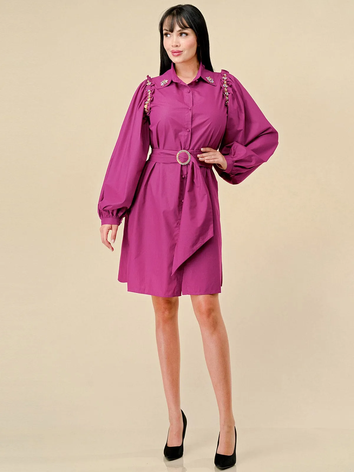 WOMEN'S LONG SLEEVES BUTTON UP STUDS DETAILED BELTED MINI DRESS