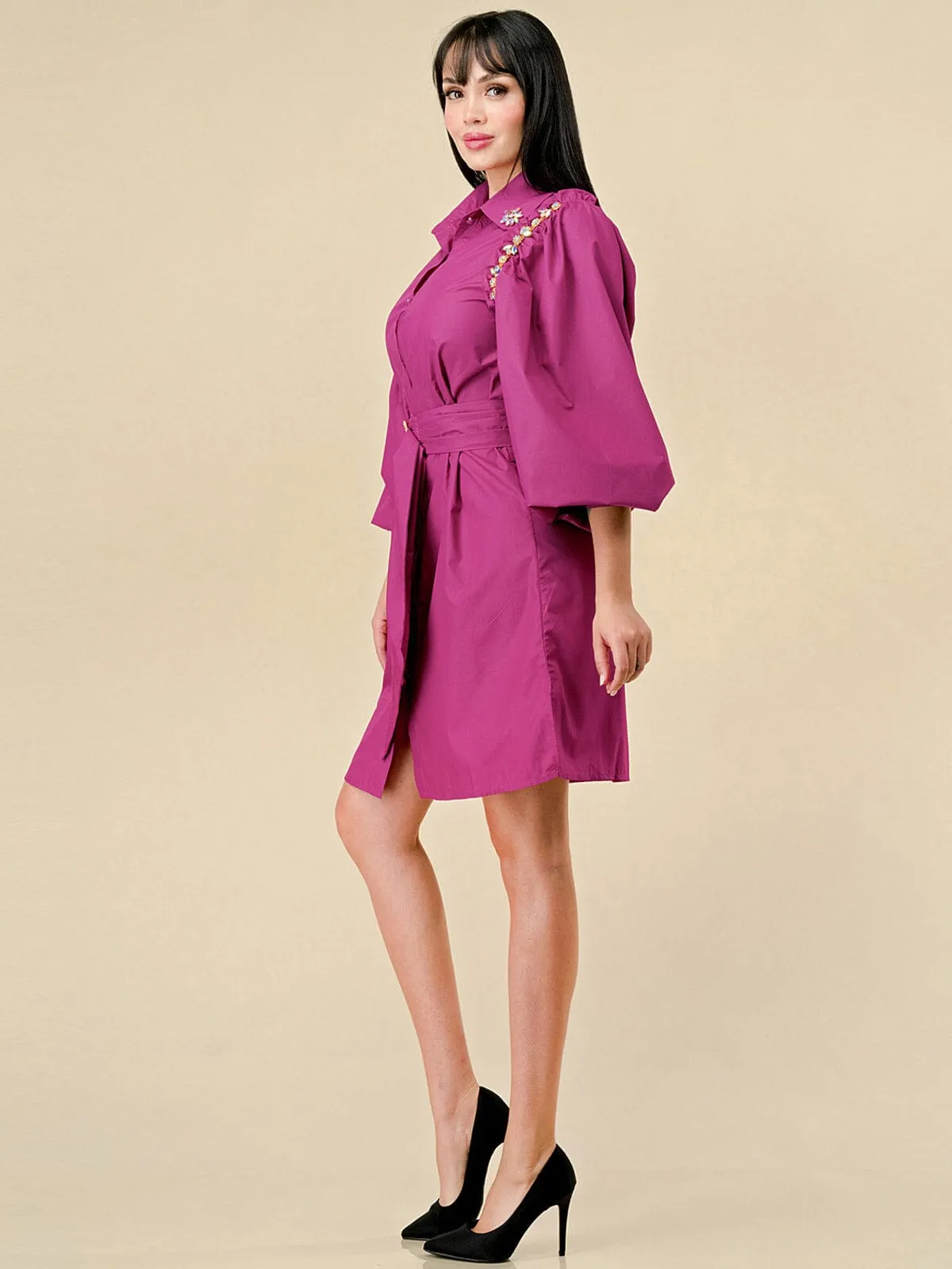 WOMEN'S LONG SLEEVES BUTTON UP STUDS DETAILED BELTED MINI DRESS