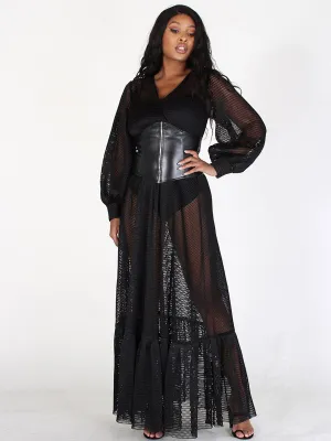 WOMEN'S LONG SLEEVES V-NECK BELTED RUFFLE MAXI DRESS