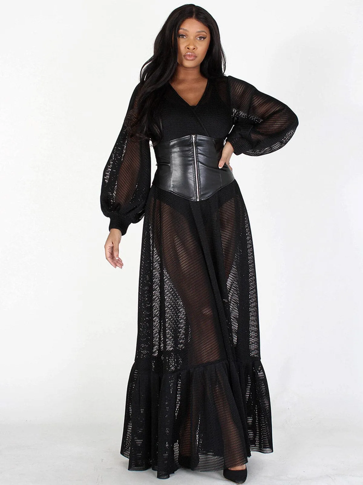 WOMEN'S LONG SLEEVES V-NECK BELTED RUFFLE MAXI DRESS