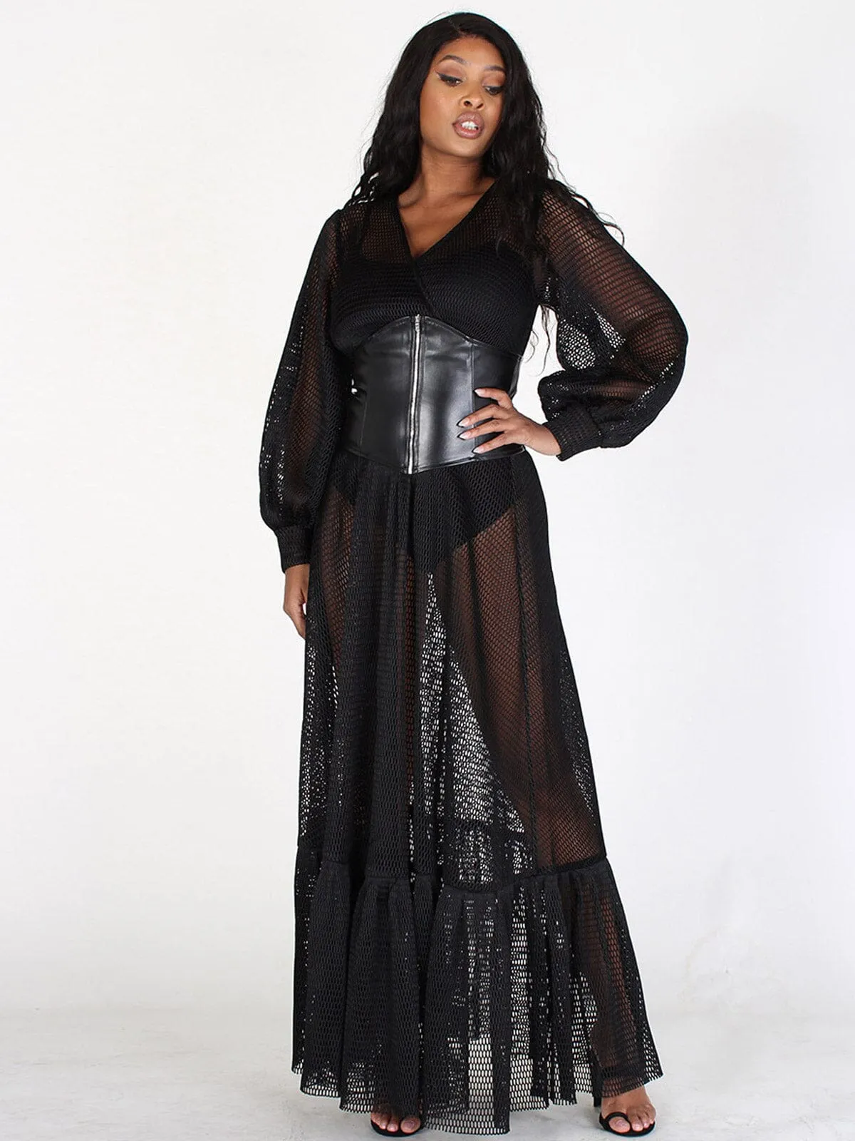 WOMEN'S LONG SLEEVES V-NECK BELTED RUFFLE MAXI DRESS