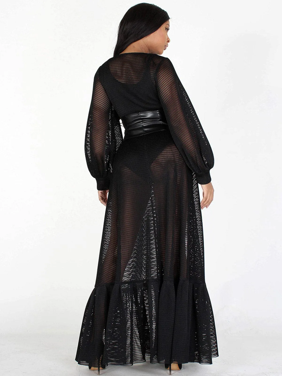 WOMEN'S LONG SLEEVES V-NECK BELTED RUFFLE MAXI DRESS