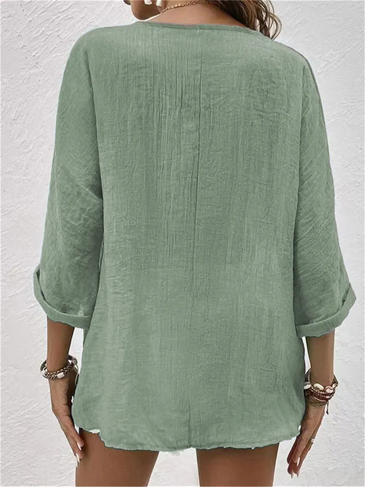 Women's Loose Fit Pullover Button Decoration V-Neck T-shirts