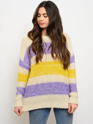 WOMEN'S MULTI STRIPED ROUND NECK SWEATER