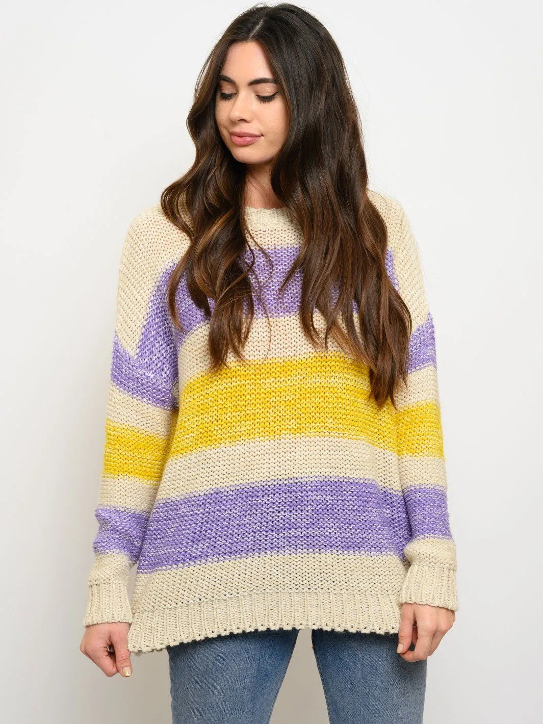 WOMEN'S MULTI STRIPED ROUND NECK SWEATER