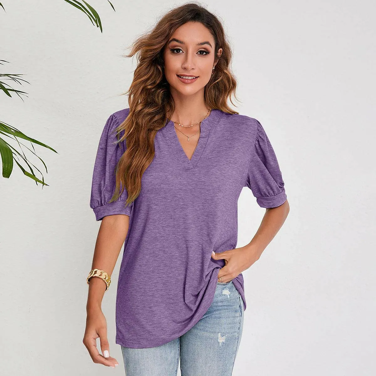 Women's Pleated Puff Sleeve Tops Summer V Neck T Shirts
