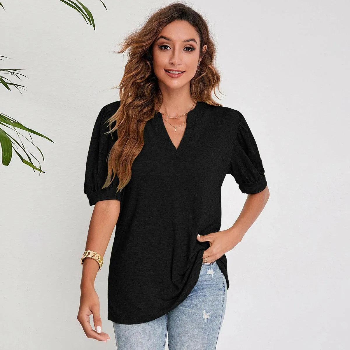 Women's Pleated Puff Sleeve Tops Summer V Neck T Shirts
