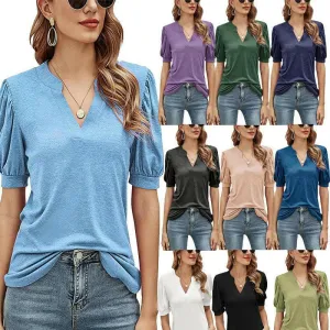 Women's Pleated Puff Sleeve Tops Summer V Neck T Shirts