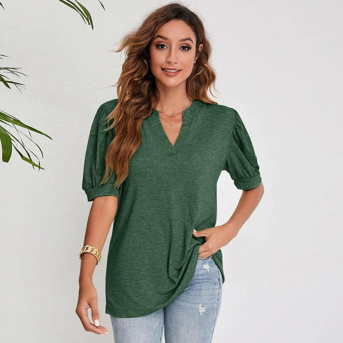 Women's Pleated Puff Sleeve Tops Summer V Neck T Shirts