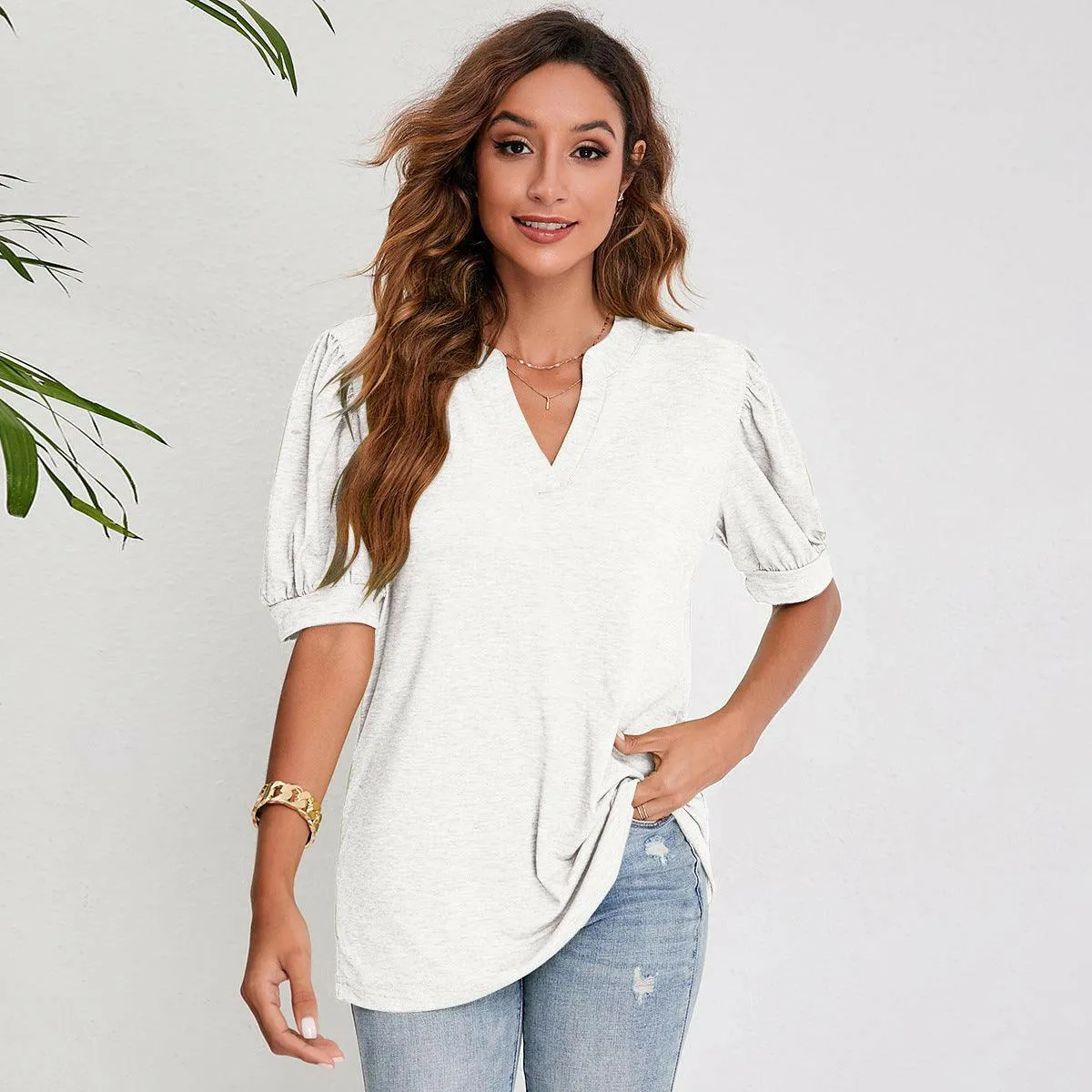 Women's Pleated Puff Sleeve Tops Summer V Neck T Shirts