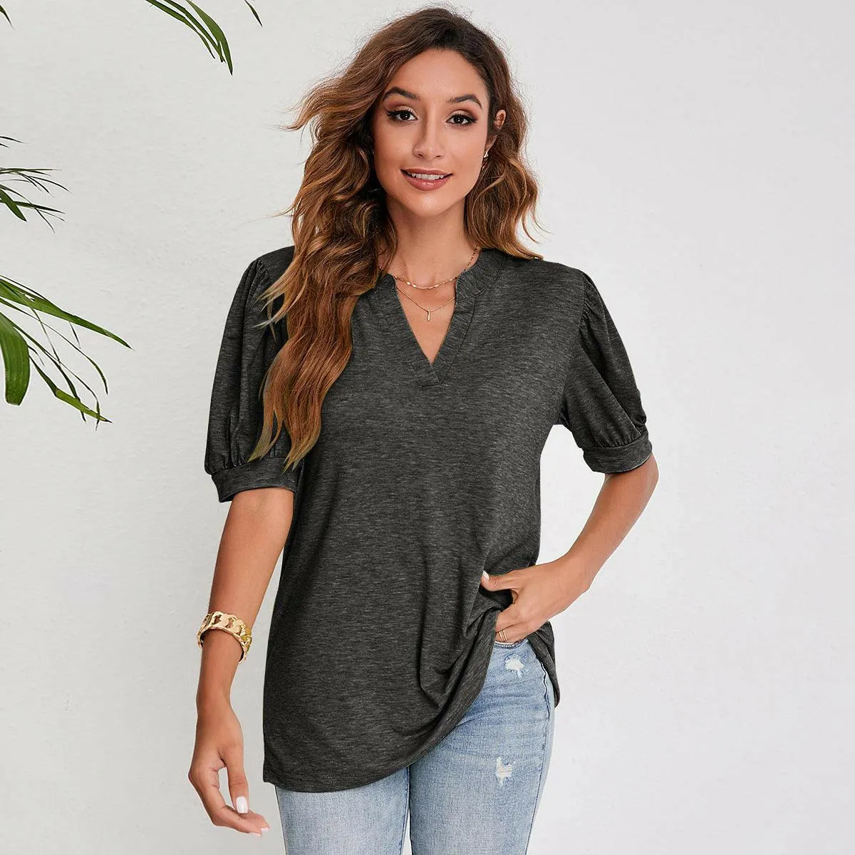 Women's Pleated Puff Sleeve Tops Summer V Neck T Shirts