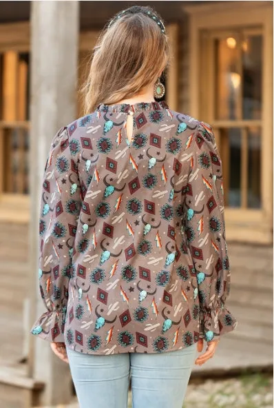 Women's Printed Ruffle Long Sleeve Top