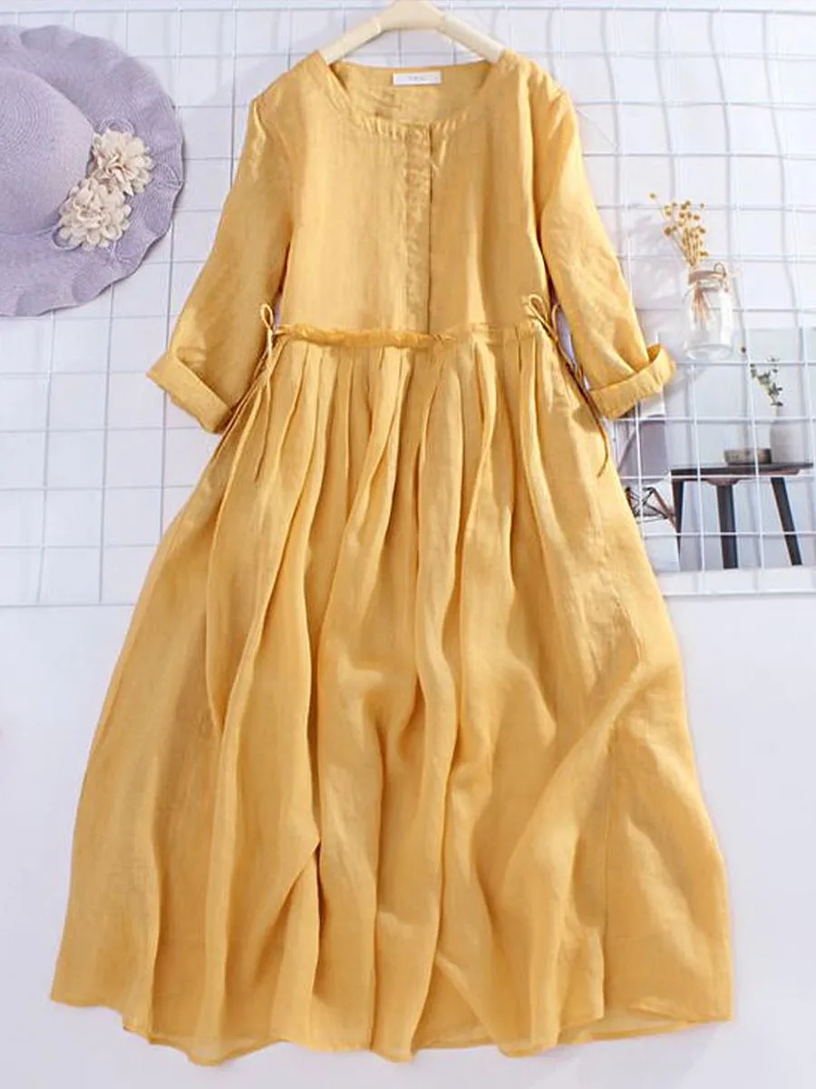Women‘s  Round Neck 3/4 Sleeves Waist Slimming Casual Linen Dress