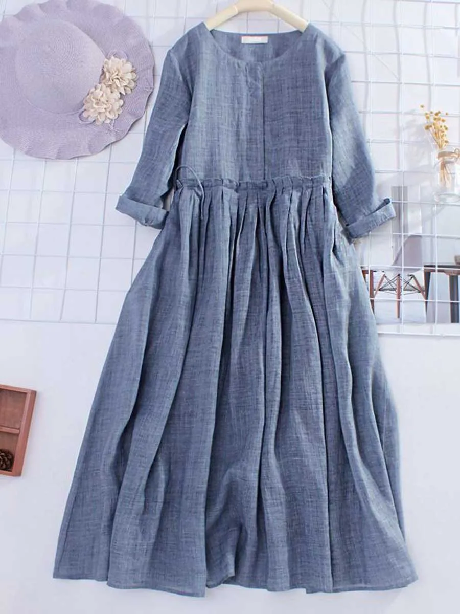 Women‘s  Round Neck 3/4 Sleeves Waist Slimming Casual Linen Dress