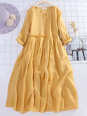 Women‘s  Round Neck 3/4 Sleeves Waist Slimming Casual Linen Dress