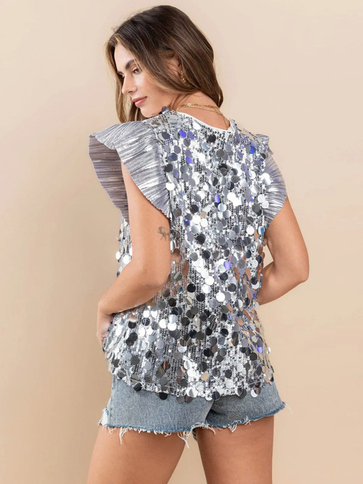 WOMEN'S SHORT PLEATED SLEEVE SEQUINS BLOUSE TOP