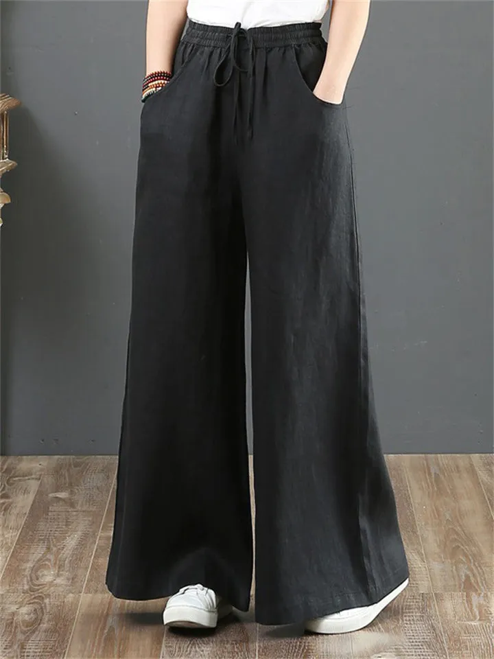 Women's Simple Linen High Waist Drawstring Wide Leg Pants