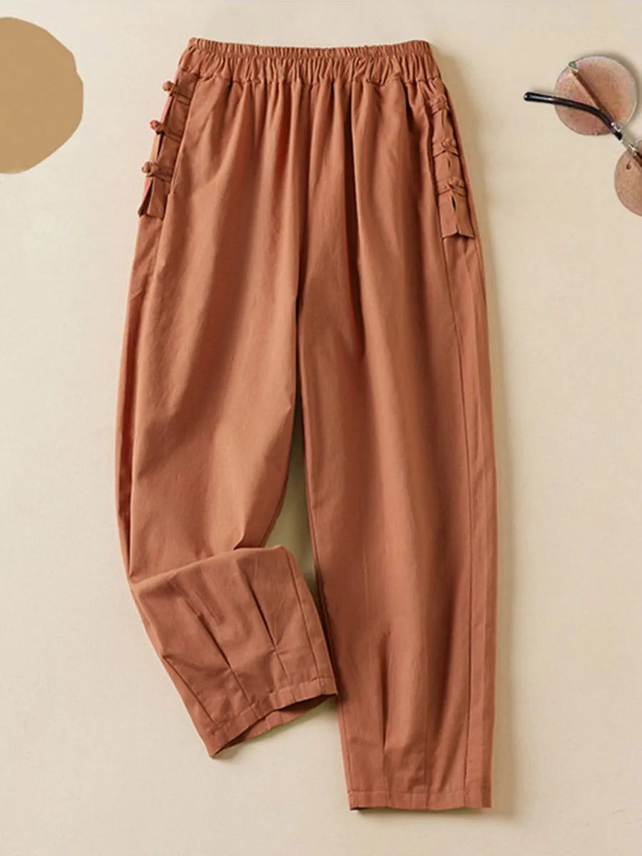 Women's Solid Color Elastic Waist Button Nine Points Casual Cotton And Linen Harem Pants