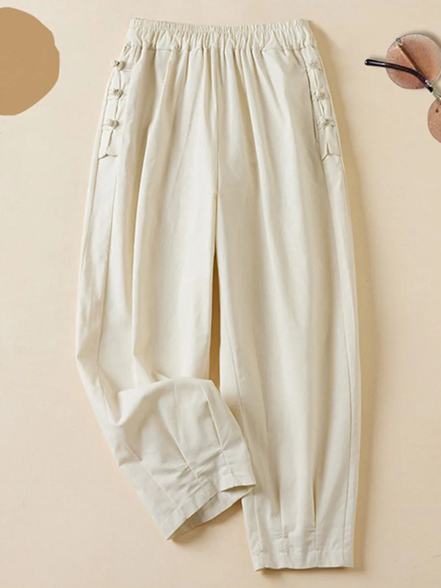 Women's Solid Color Elastic Waist Button Nine Points Casual Cotton And Linen Harem Pants