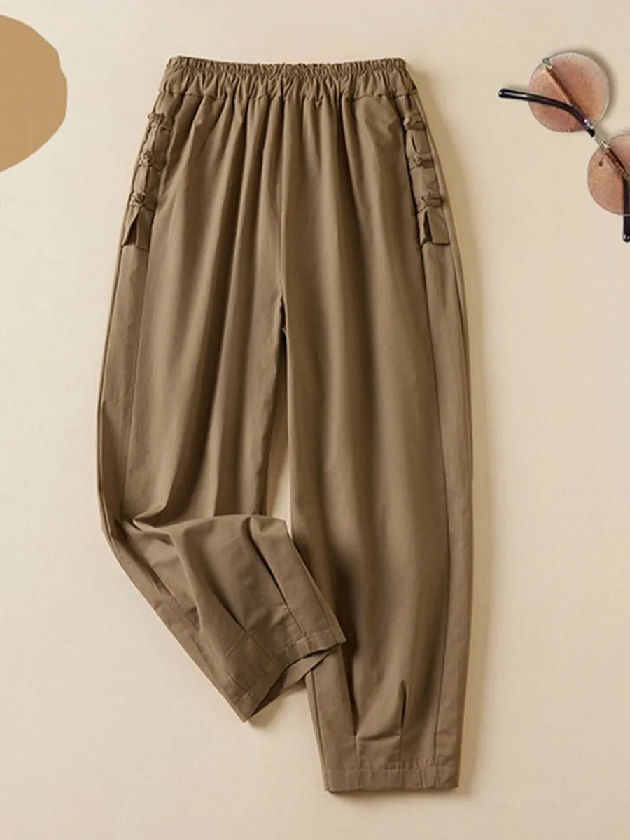 Women's Solid Color Elastic Waist Button Nine Points Casual Cotton And Linen Harem Pants
