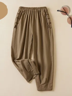 Women's Solid Color Elastic Waist Button Nine Points Casual Cotton And Linen Harem Pants