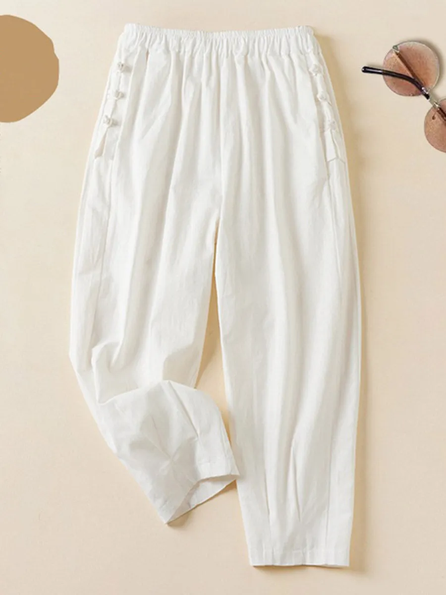 Women's Solid Color Elastic Waist Button Nine Points Casual Cotton And Linen Harem Pants