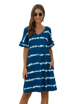 Women's Striped Tie Dye V Neck T-Shirt Dress with Pockets