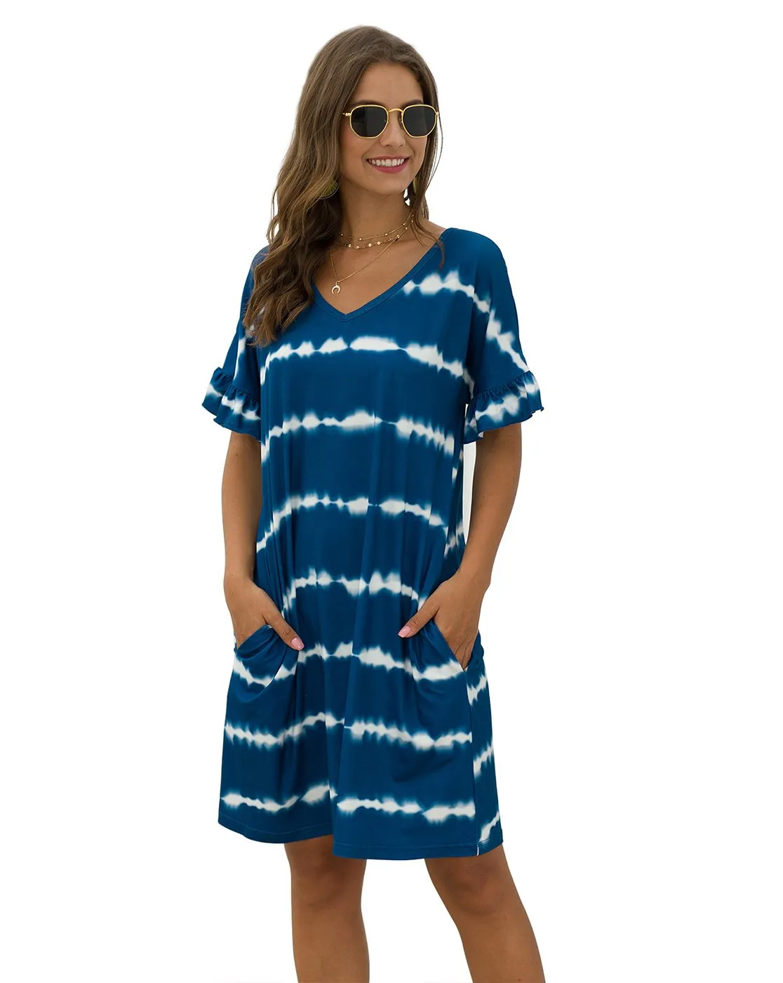 Women's Striped Tie Dye V Neck T-Shirt Dress with Pockets