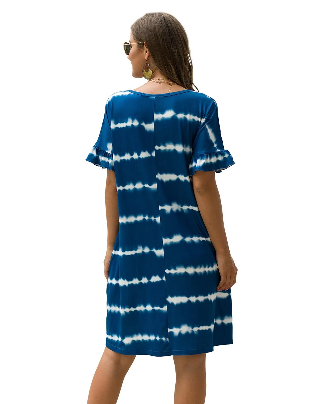 Women's Striped Tie Dye V Neck T-Shirt Dress with Pockets