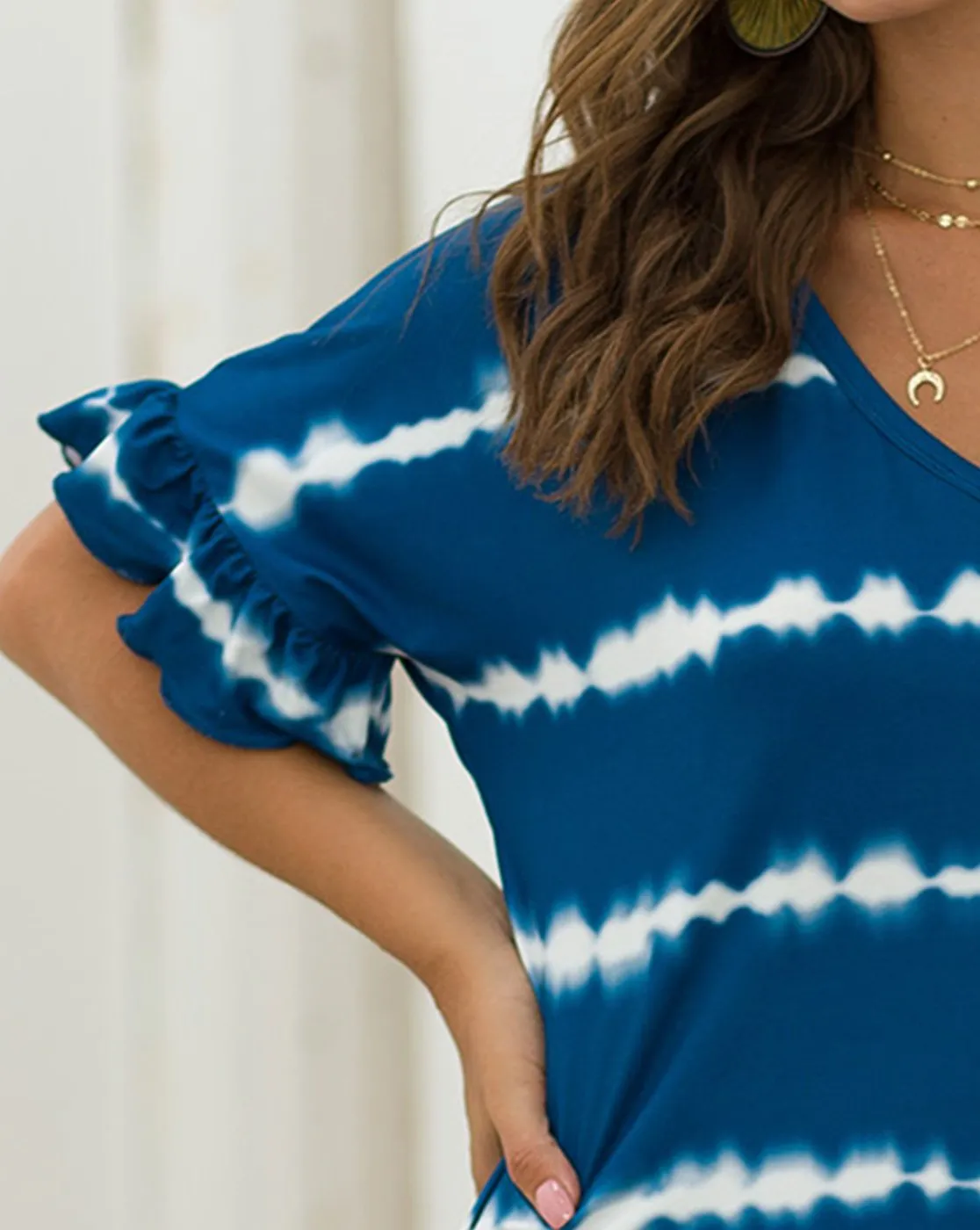 Women's Striped Tie Dye V Neck T-Shirt Dress with Pockets
