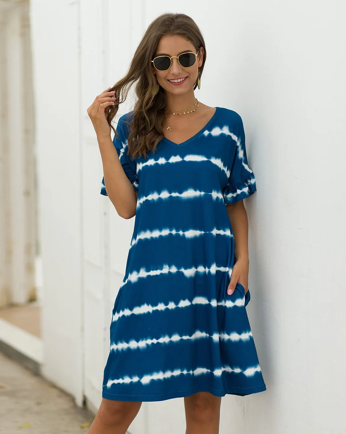 Women's Striped Tie Dye V Neck T-Shirt Dress with Pockets
