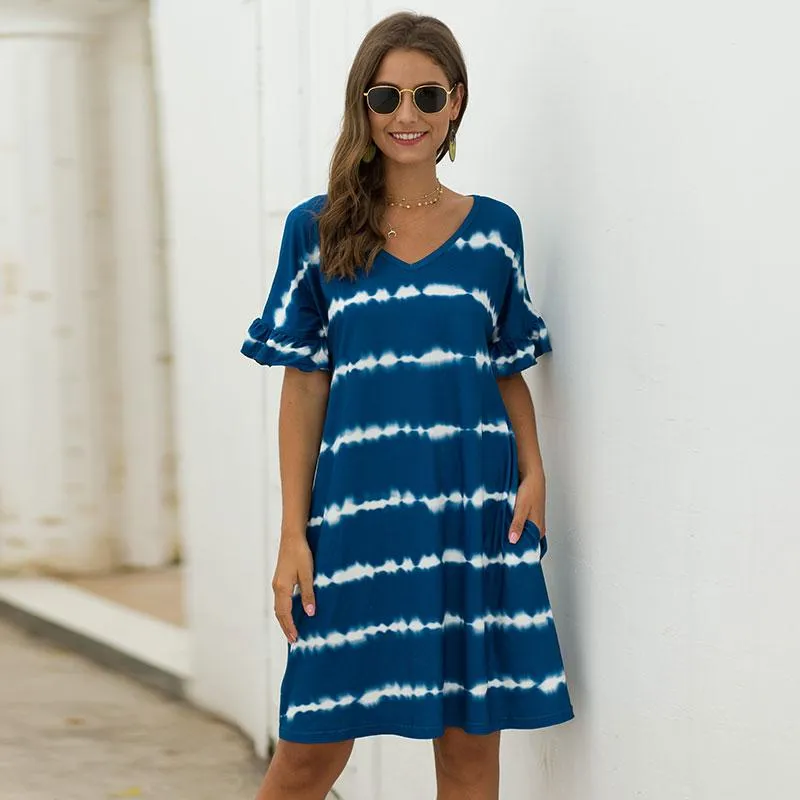 Women's Striped Tie Dye V Neck T-Shirt Dress with Pockets