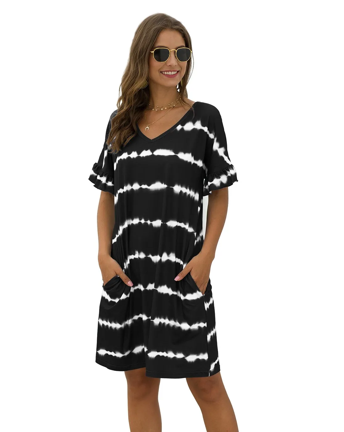 Women's Striped Tie Dye V Neck T-Shirt Dress with Pockets