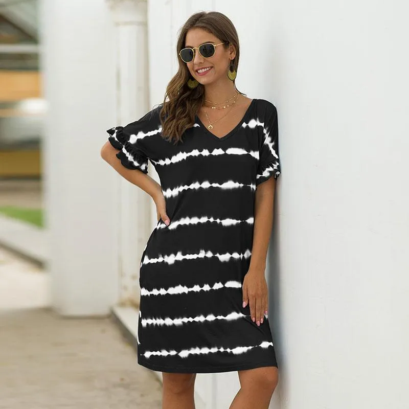 Women's Striped Tie Dye V Neck T-Shirt Dress with Pockets
