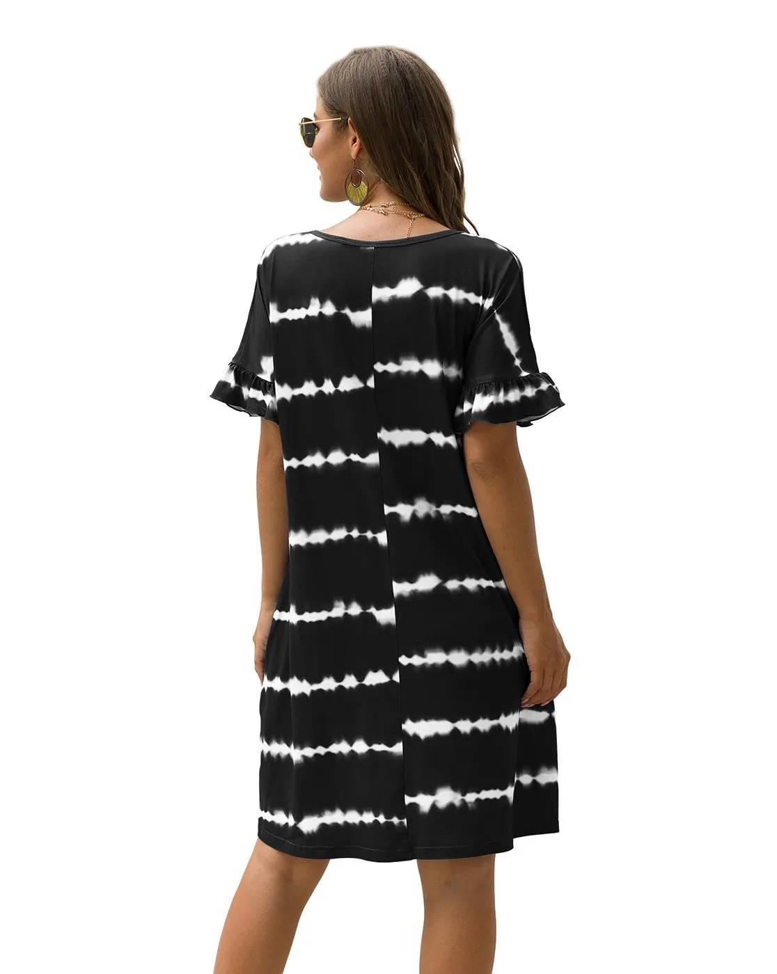 Women's Striped Tie Dye V Neck T-Shirt Dress with Pockets
