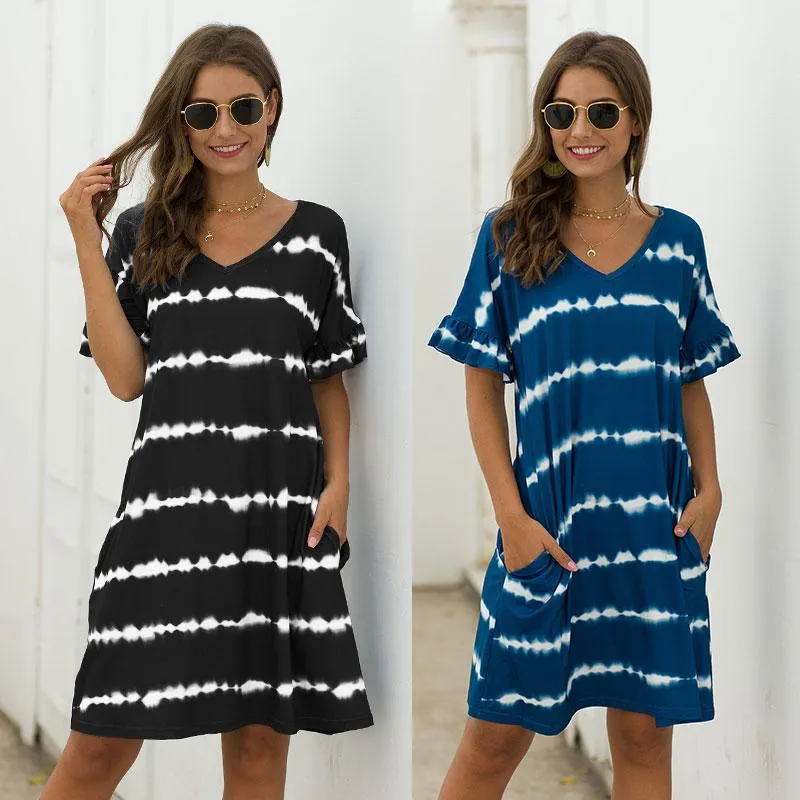 Women's Striped Tie Dye V Neck T-Shirt Dress with Pockets