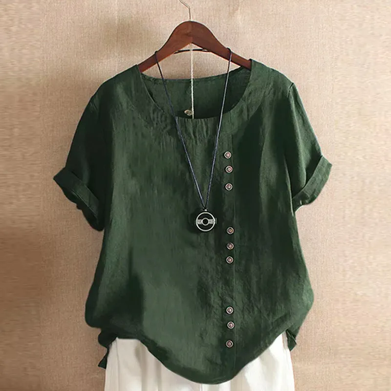 XIEYINSHE  In Stock Direct Selling Foreign Trade  Wish  Retro Cotton and Linen Short Sleeve Casual Loose-Fitting T-shirt Women's Spot Goods