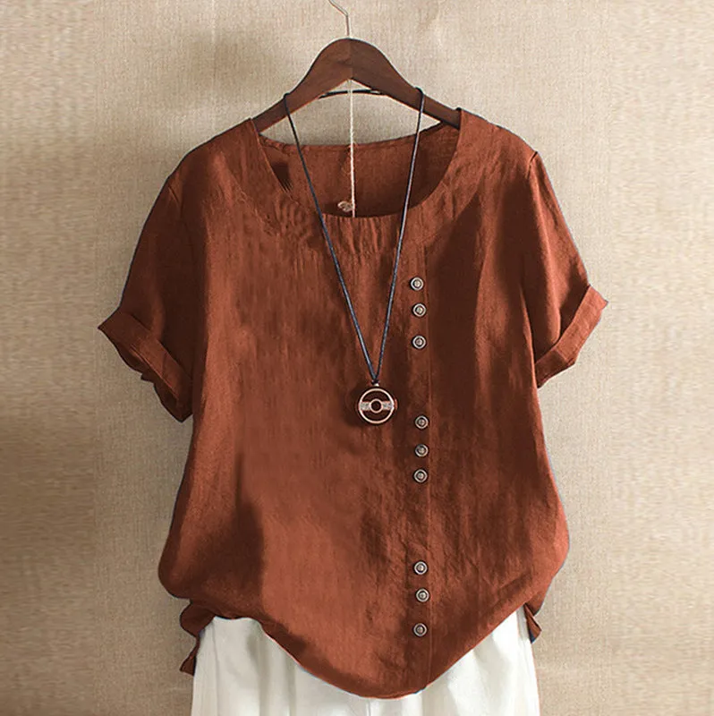 XIEYINSHE  In Stock Direct Selling Foreign Trade  Wish  Retro Cotton and Linen Short Sleeve Casual Loose-Fitting T-shirt Women's Spot Goods