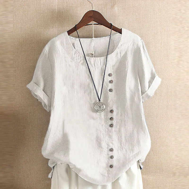 XIEYINSHE  In Stock Direct Selling Foreign Trade  Wish  Retro Cotton and Linen Short Sleeve Casual Loose-Fitting T-shirt Women's Spot Goods