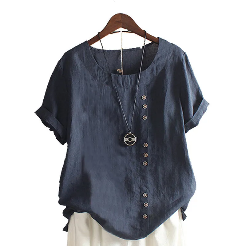 XIEYINSHE  In Stock Direct Selling Foreign Trade  Wish  Retro Cotton and Linen Short Sleeve Casual Loose-Fitting T-shirt Women's Spot Goods